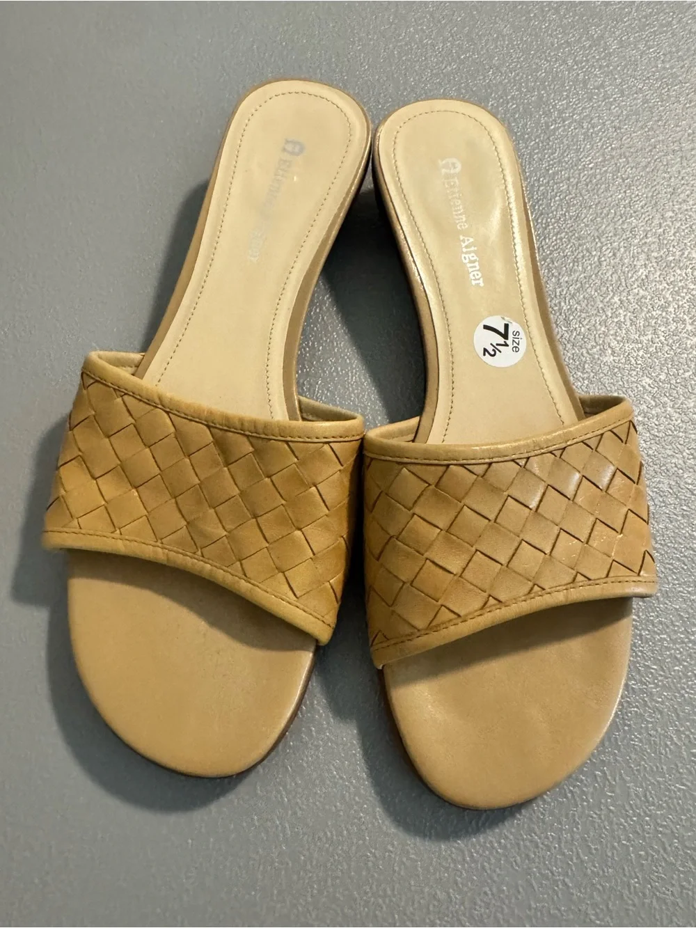 Etienne Aigner Tan Woven Leather Slide Sandals 7.5